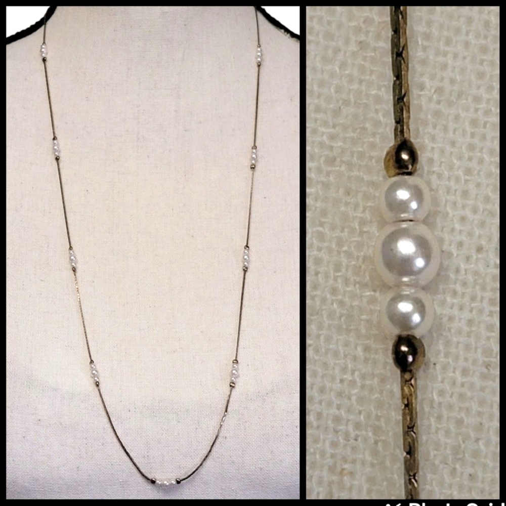 VTG 70s Faux Pearl Gold Tone Station Necklace 29" Classic Old Money Fashion Gift